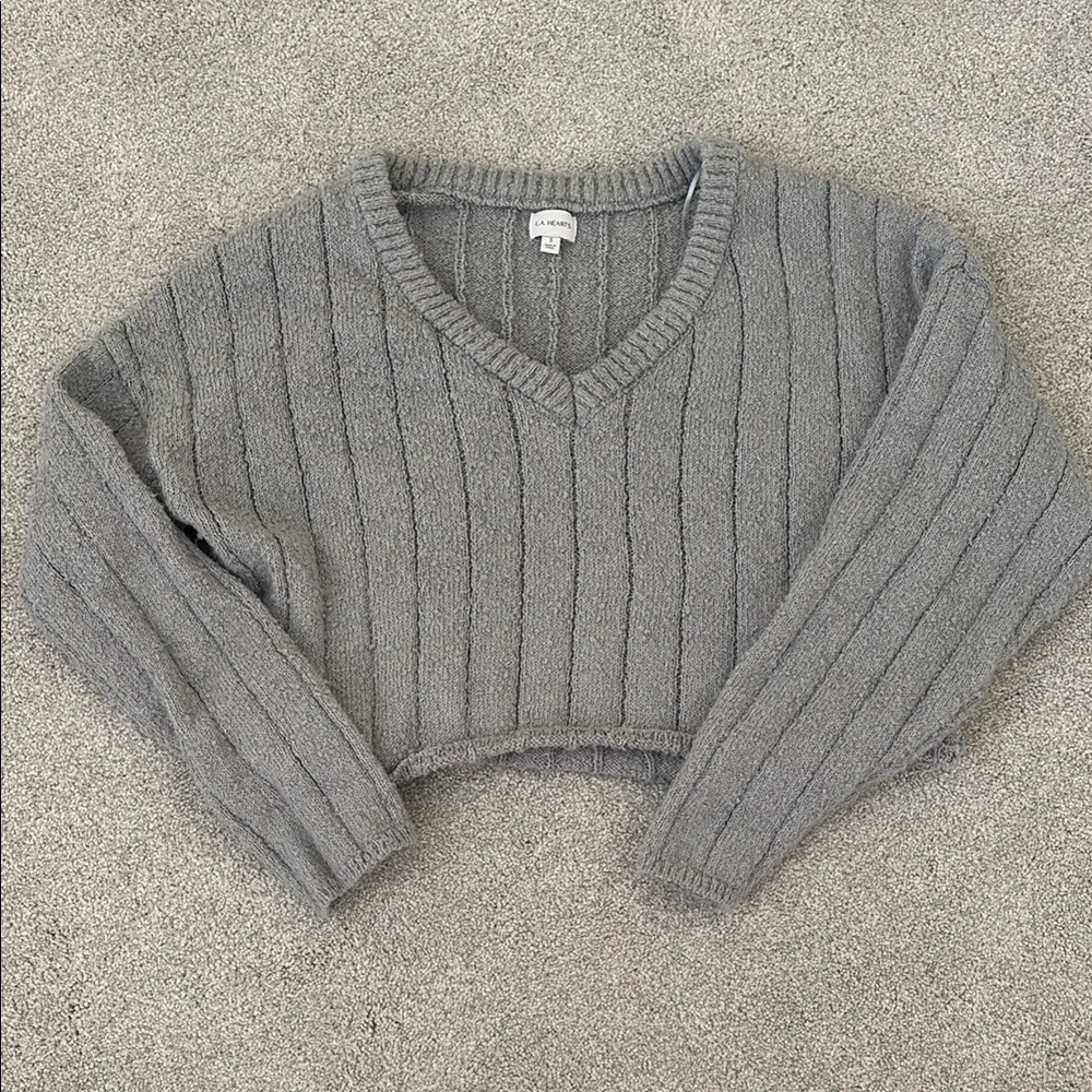 La Hearts Gray V-Neck Sweater with Subtle Pinstripes